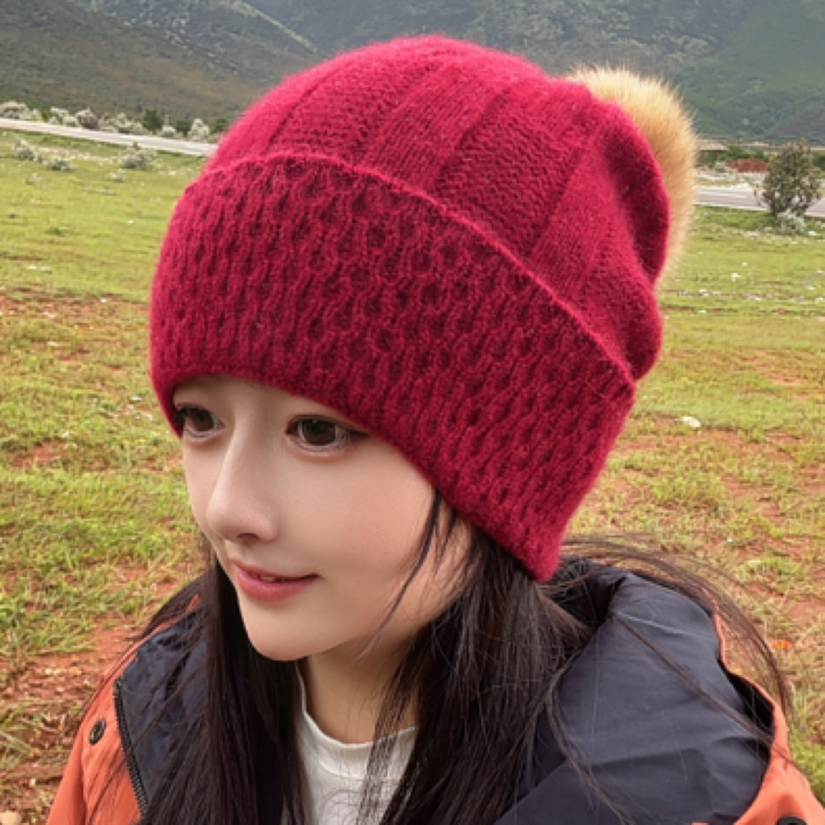 羊绒针织帽个性冬季圆顶帽子百搭毛球欧若动感风