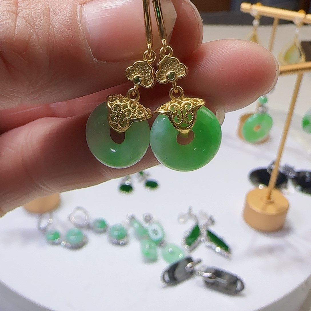 翡翠耳饰银S925镶嵌天然缅甸a货翡翠