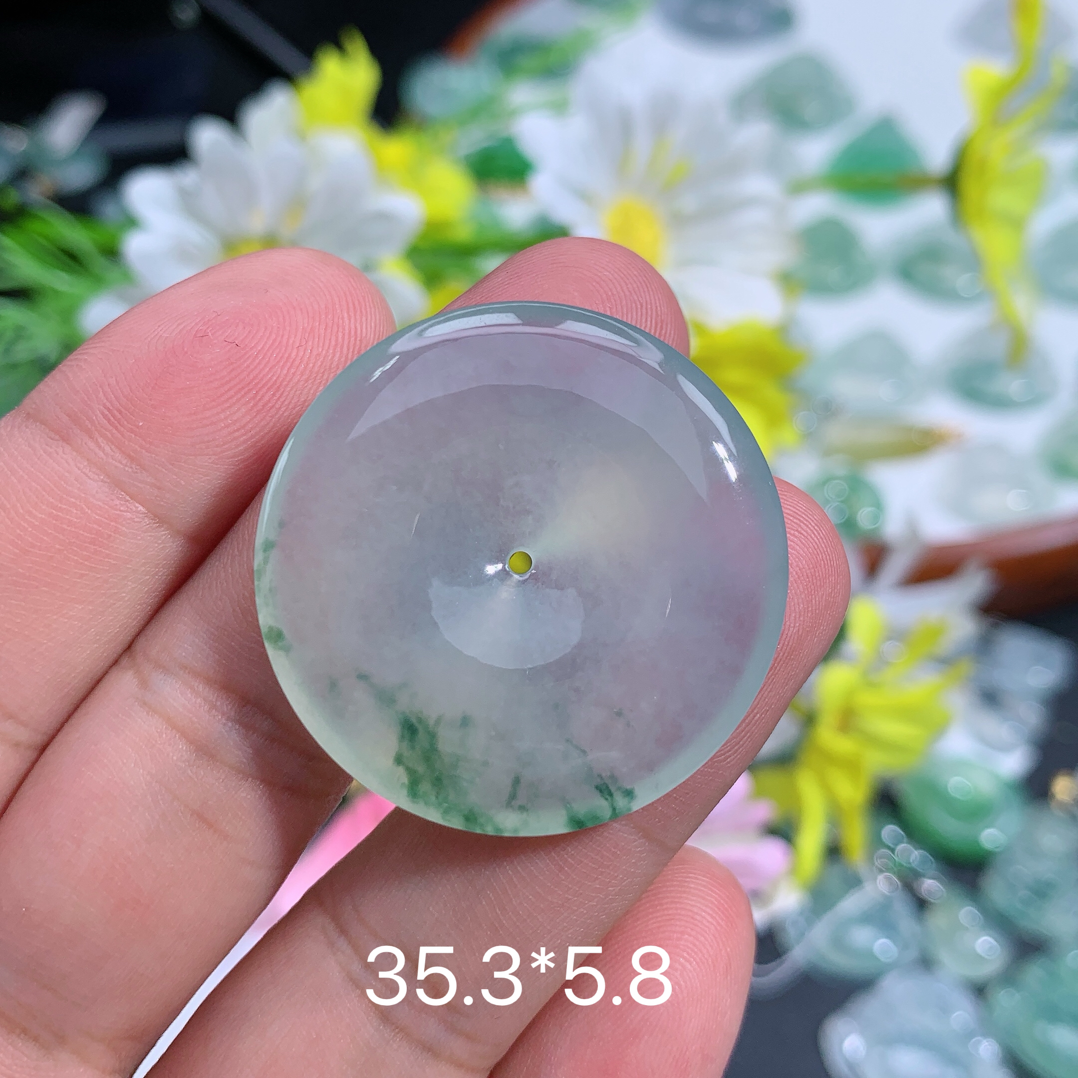 缅甸天然翡翠A货冰种飘花平安扣吊坠o镶嵌冰透雕刻精美通透精雕