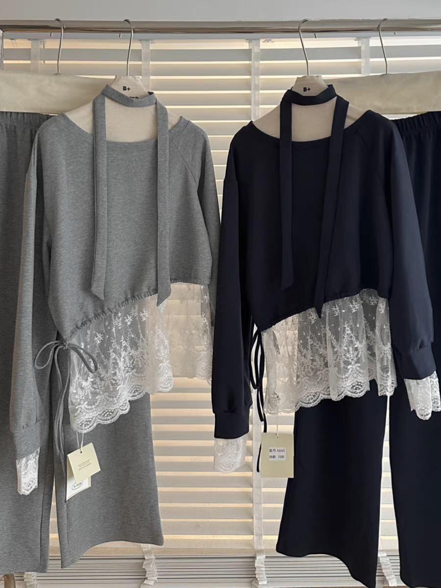 韩系斜肩挂脖飘带拼接蕾丝卫衣+休闲直筒卫裤套装女2025