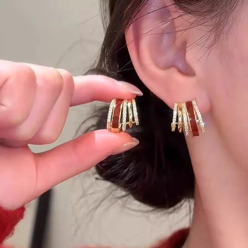 铜合金合成锆石耳饰 C型多层耳钉轻奢高级感耳环复古港式设计感