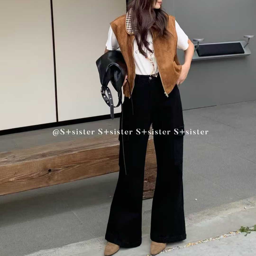 S+sister  W1189黑色美式微喇工装裤裤长104左右，两侧口袋