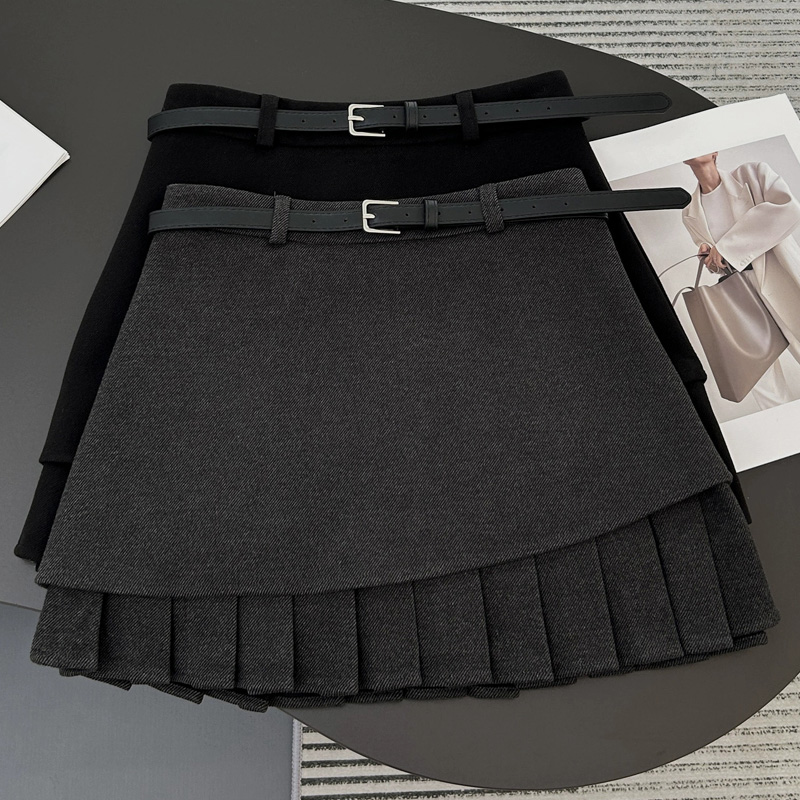 复古百褶包臀毛呢短裙女秋冬高腰梨形身材百搭显瘦气质半身裙