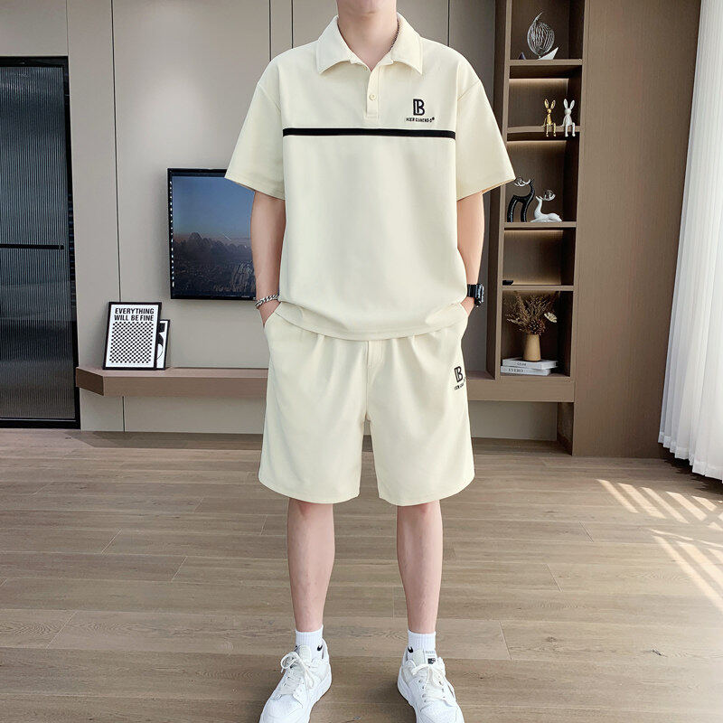 夏季宽松套装男士扩版休闲短袖POLO衫短裤五分裤透气两件套901