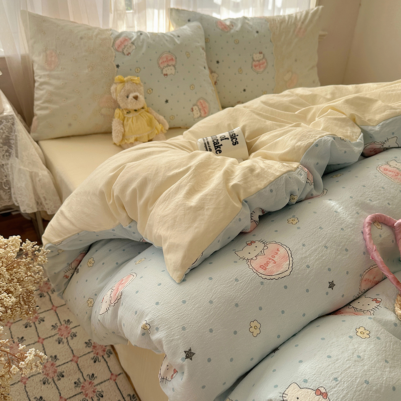 ins小清新皱皱纱床上四件套少女心蕾丝花边被套床单人宿舍三件套4