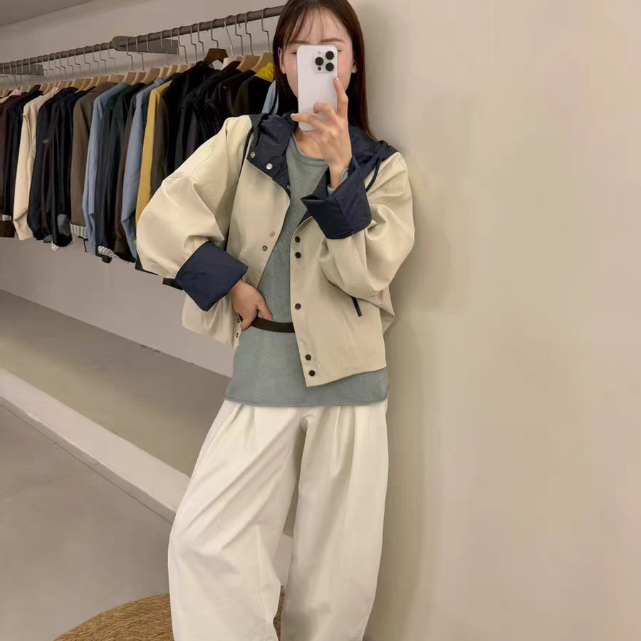 宽松小个子拼色休闲连帽外套5517