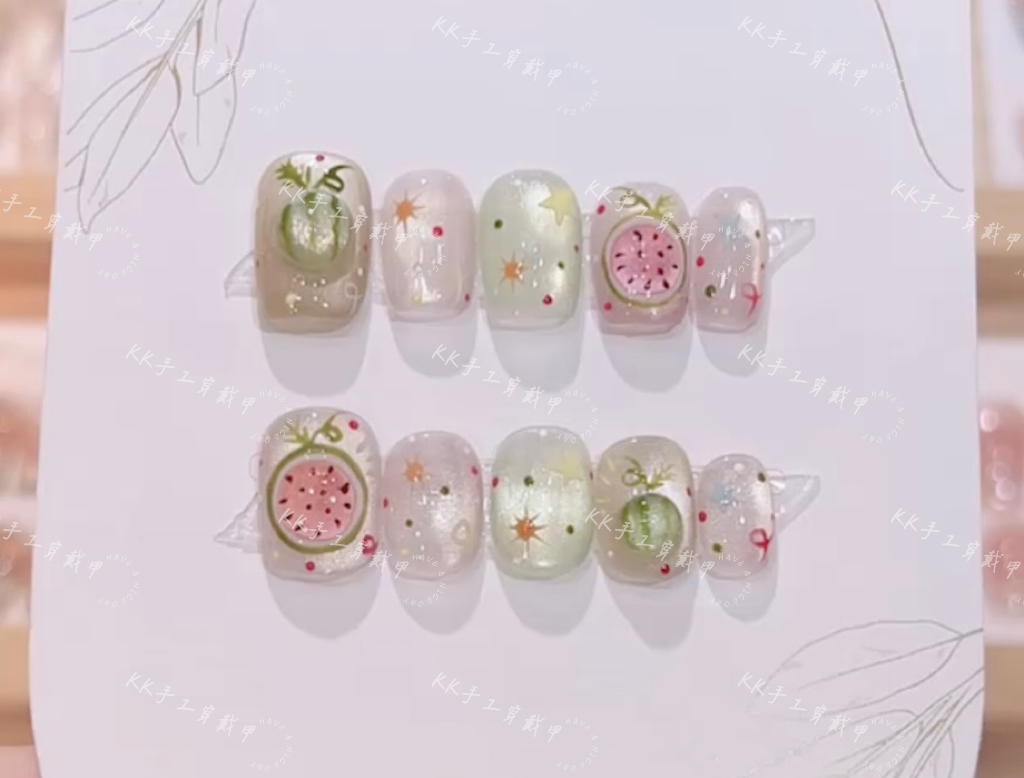 【西瓜啵啵】清新纯手工穿戴甲猫眼美甲贴片可爱显白小众设计