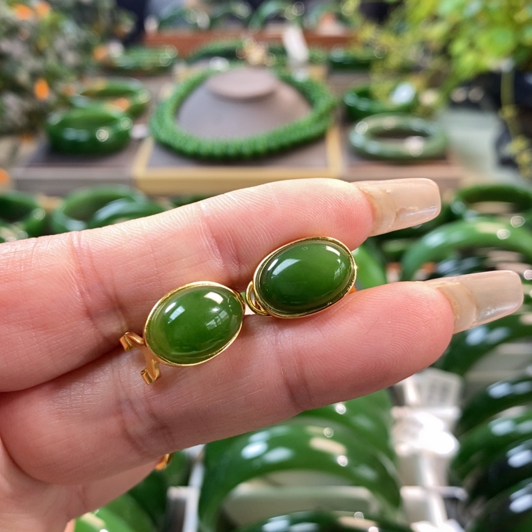 和田玉耳饰银S925镶嵌