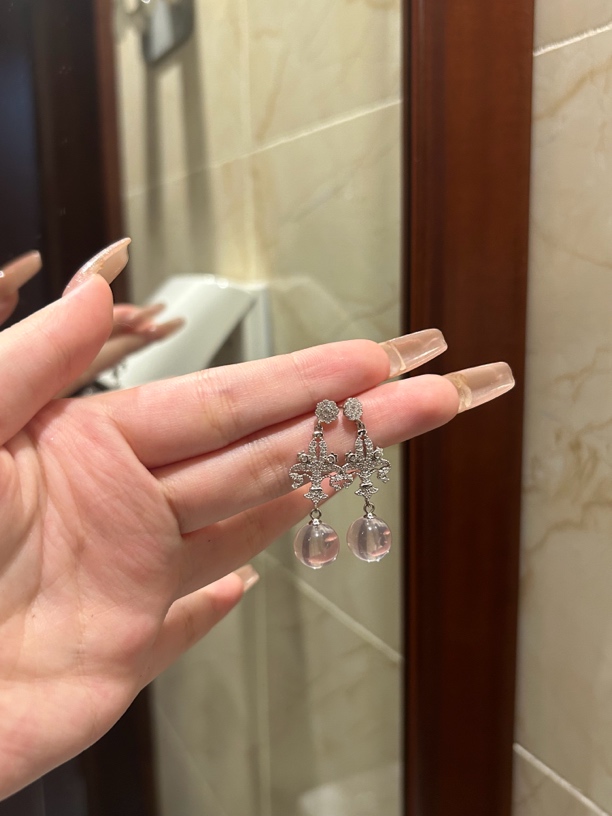 925银耳饰 粉水球球耳钉 耳扣 s925银克罗帝心十字架