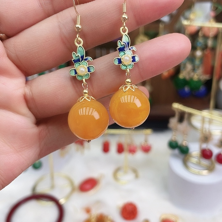 琥珀耳饰未镶嵌14蜜蜡小花