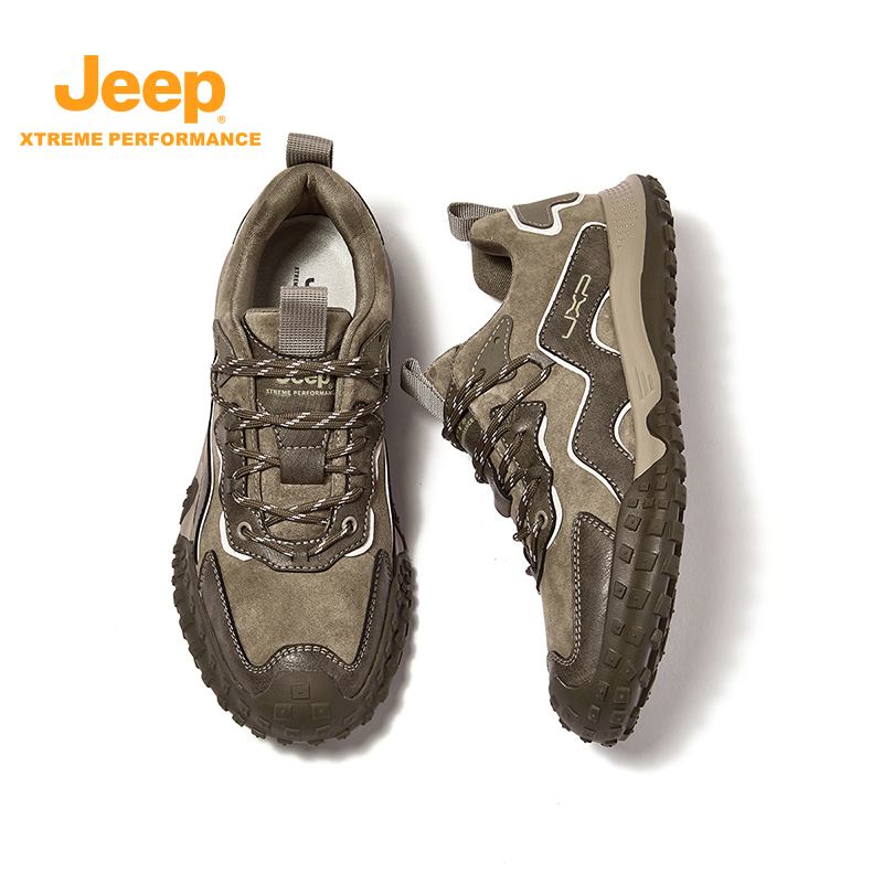 Jeep吉普真皮工装运动鞋2025春季新款户外徒步厚底耐磨包头登山鞋