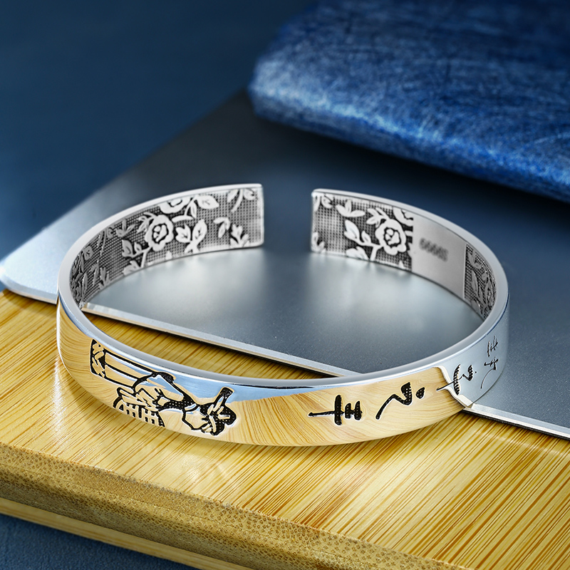铜合金手镯 高档执子之手999纯银手镯女款复古手环时尚男镯子送礼