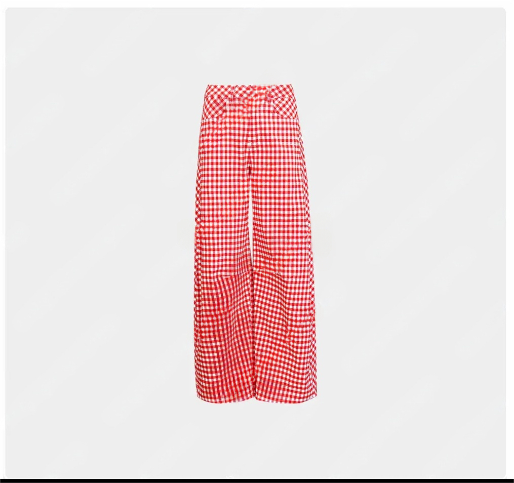 芬奇U型裤红白格阔腿裤弹力裤42134