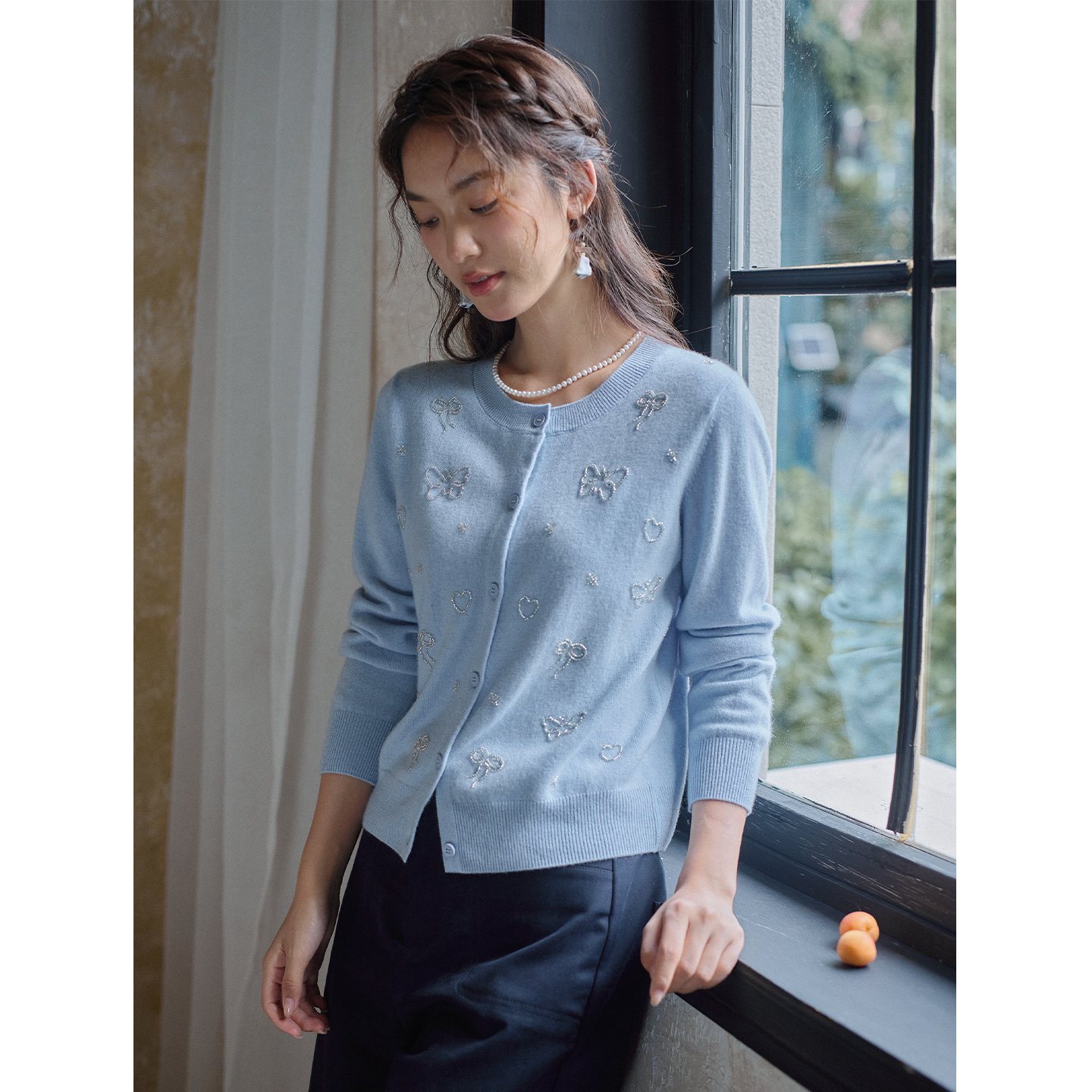 红念羊毛蓝色针织衫毛衣开衫外套女短款2025秋季新款女装气质上衣