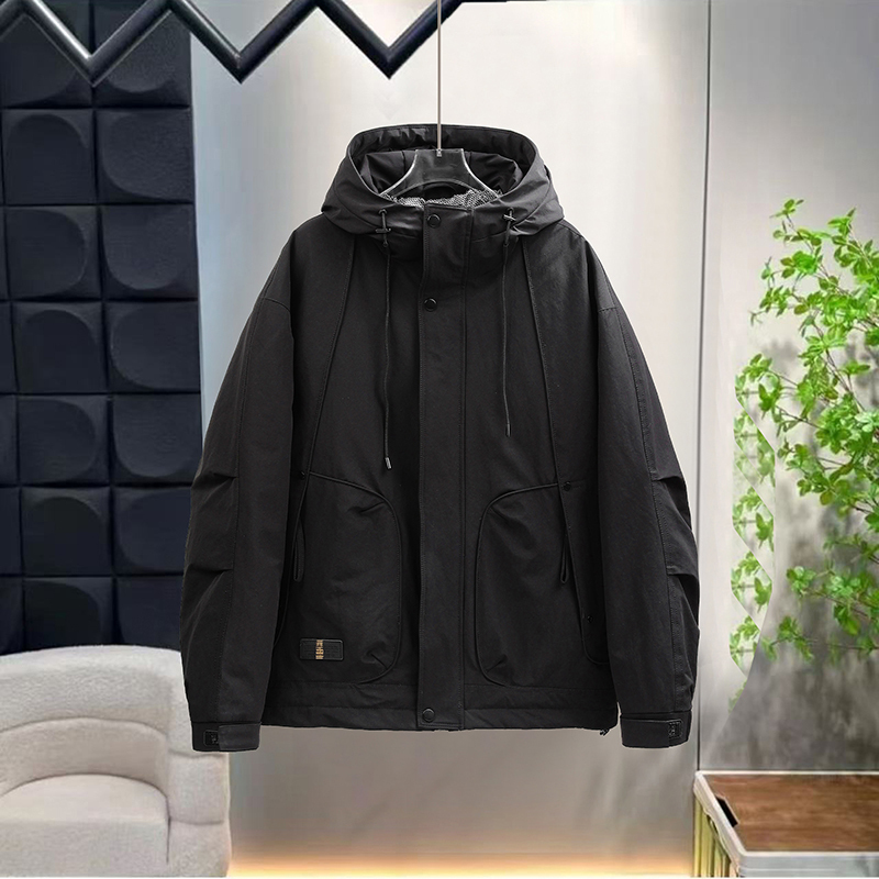 新款纯色2025男士休闲夹克简约二棉加厚保暖连帽加绒男士纯色连帽