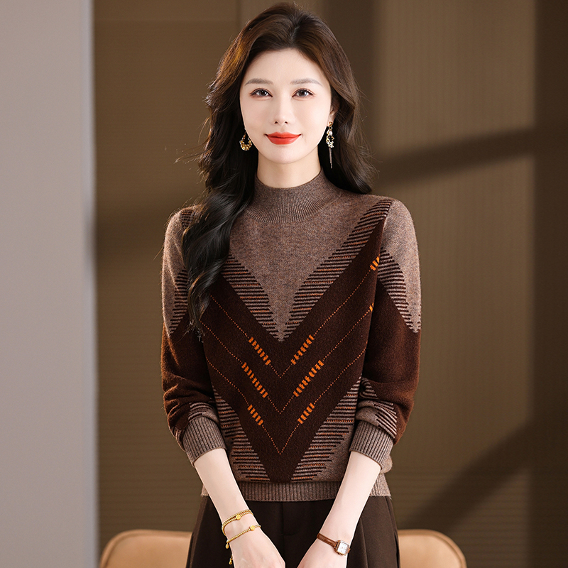 【羊毛衫】新款冬季女士半高领长袖拼色厚款保暖针织毛衣打底