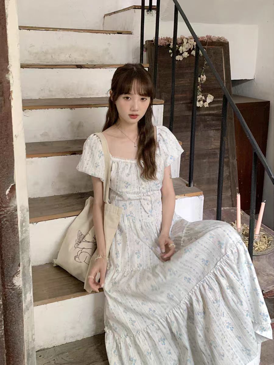 （0162）复古连衣裙短袖温柔风碎花夏季裙子亚麻刺绣黄裙收腰