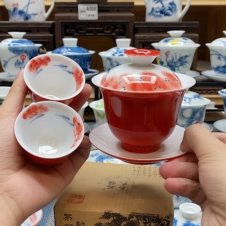 手绘龙船花160cc三才盖碗➕同款杯子釉下彩微瑕福利款