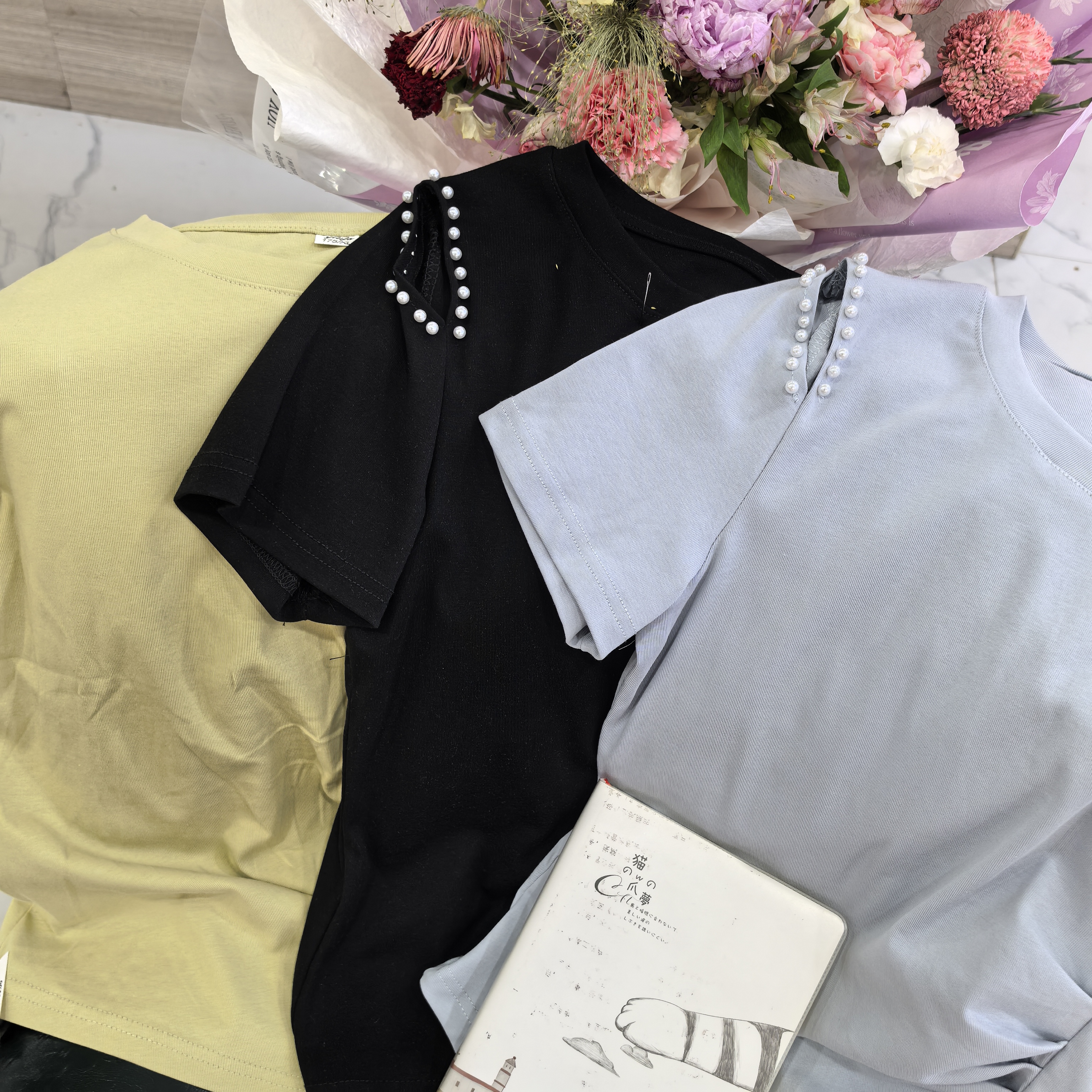 【亿城】双肩珍珠短袖腰身褶皱