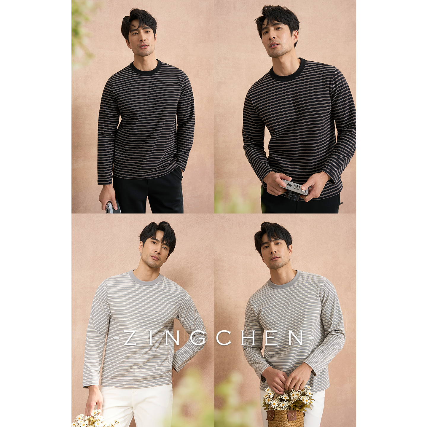 【慵懒风穿搭】ZINGCHEN男士长袖圆领条纹T恤 重磅休闲纯棉打底衫