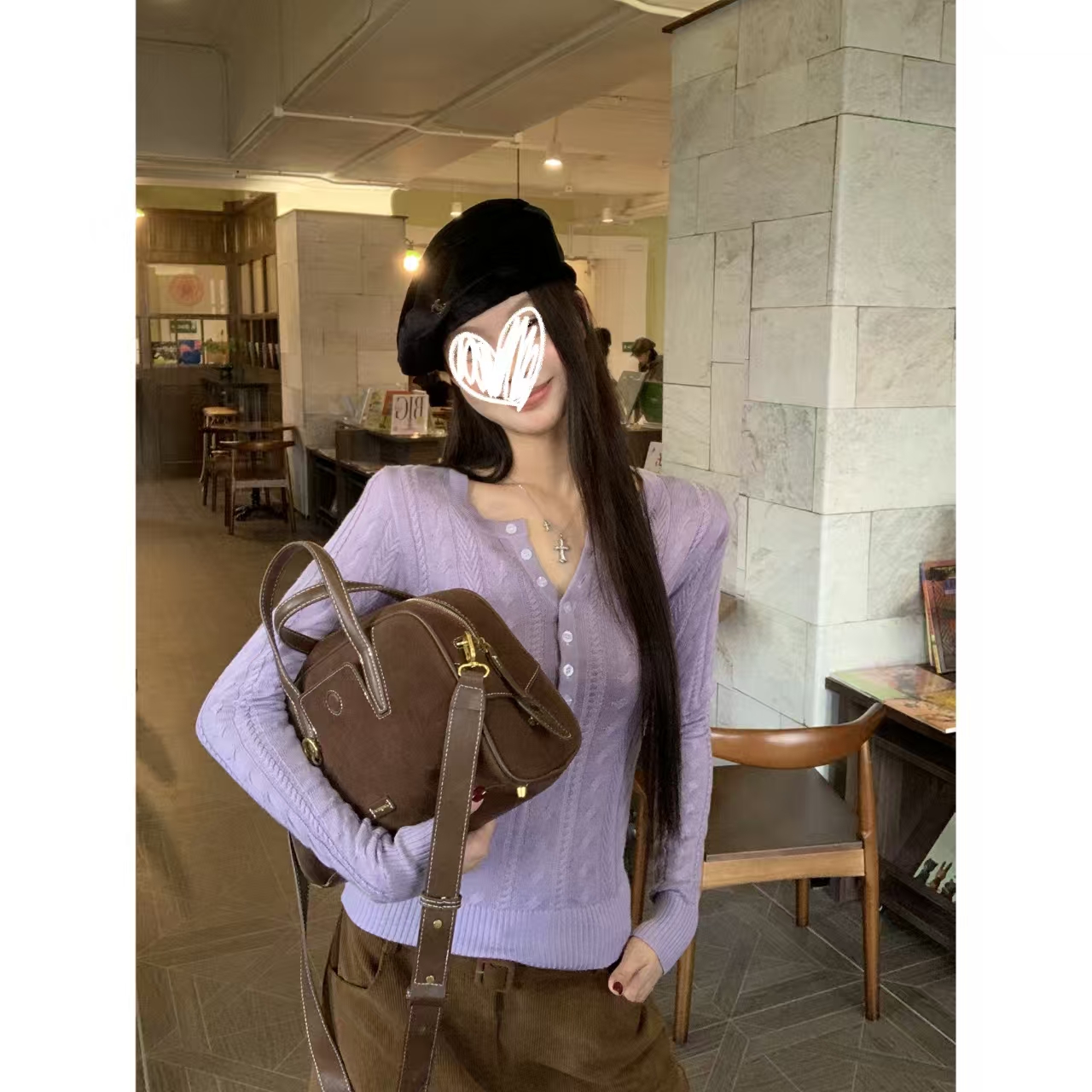 Y5366紫色温柔风长袖打底针织衫女秋冬季修身显瘦内搭毛衣