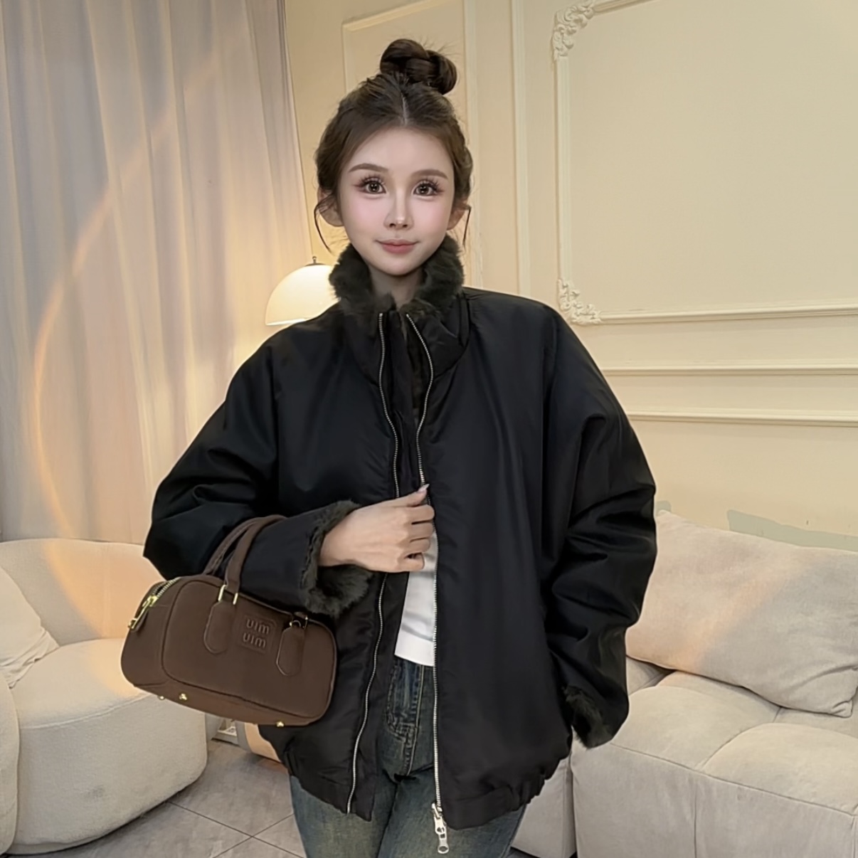 冬季新款兔毛双面穿立领休闲时尚女士外套59171