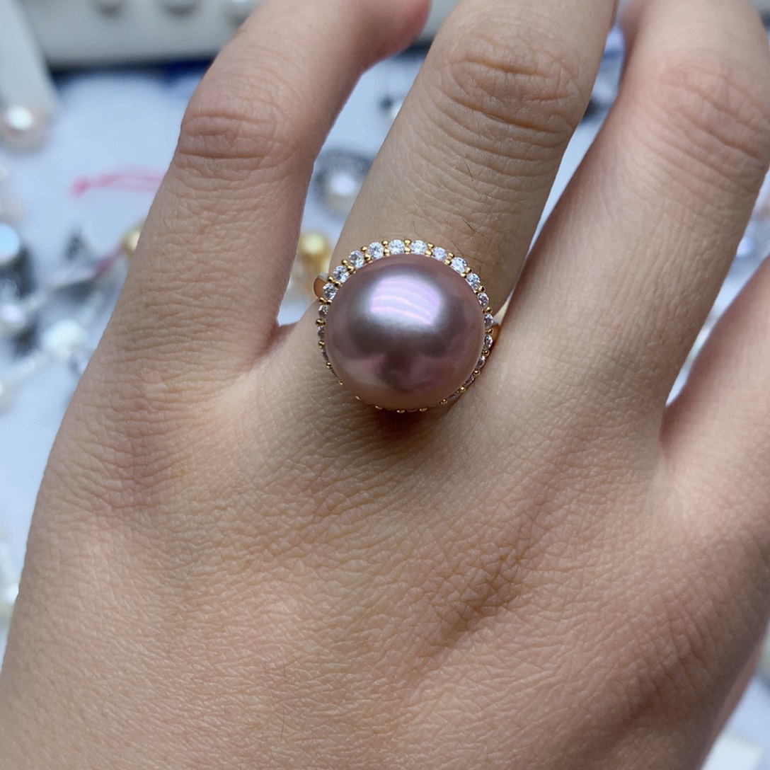 淡水珍珠戒指银S925镶嵌14-15mm