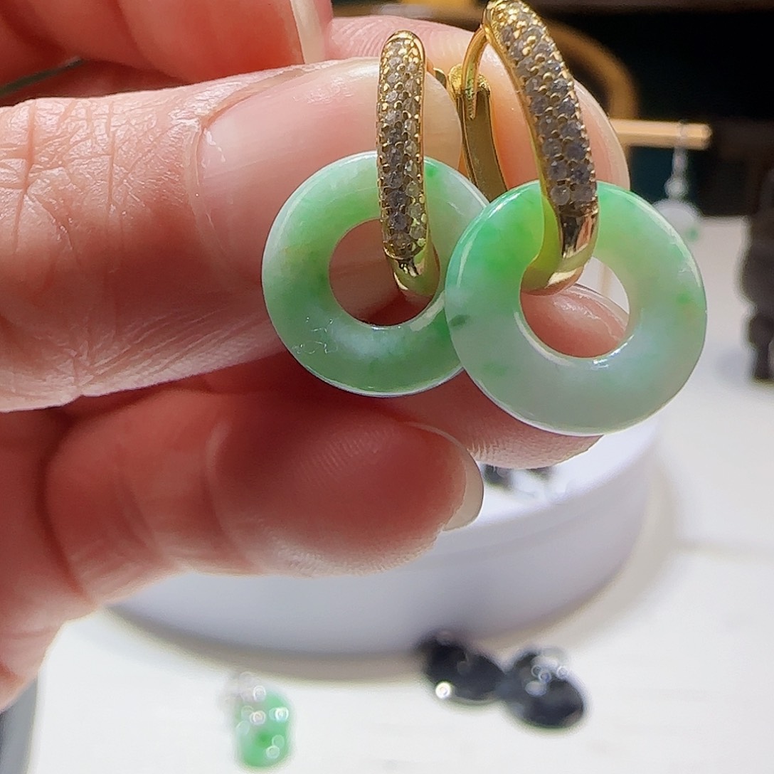 翡翠耳饰银S925镶嵌天然缅甸a货翡翠