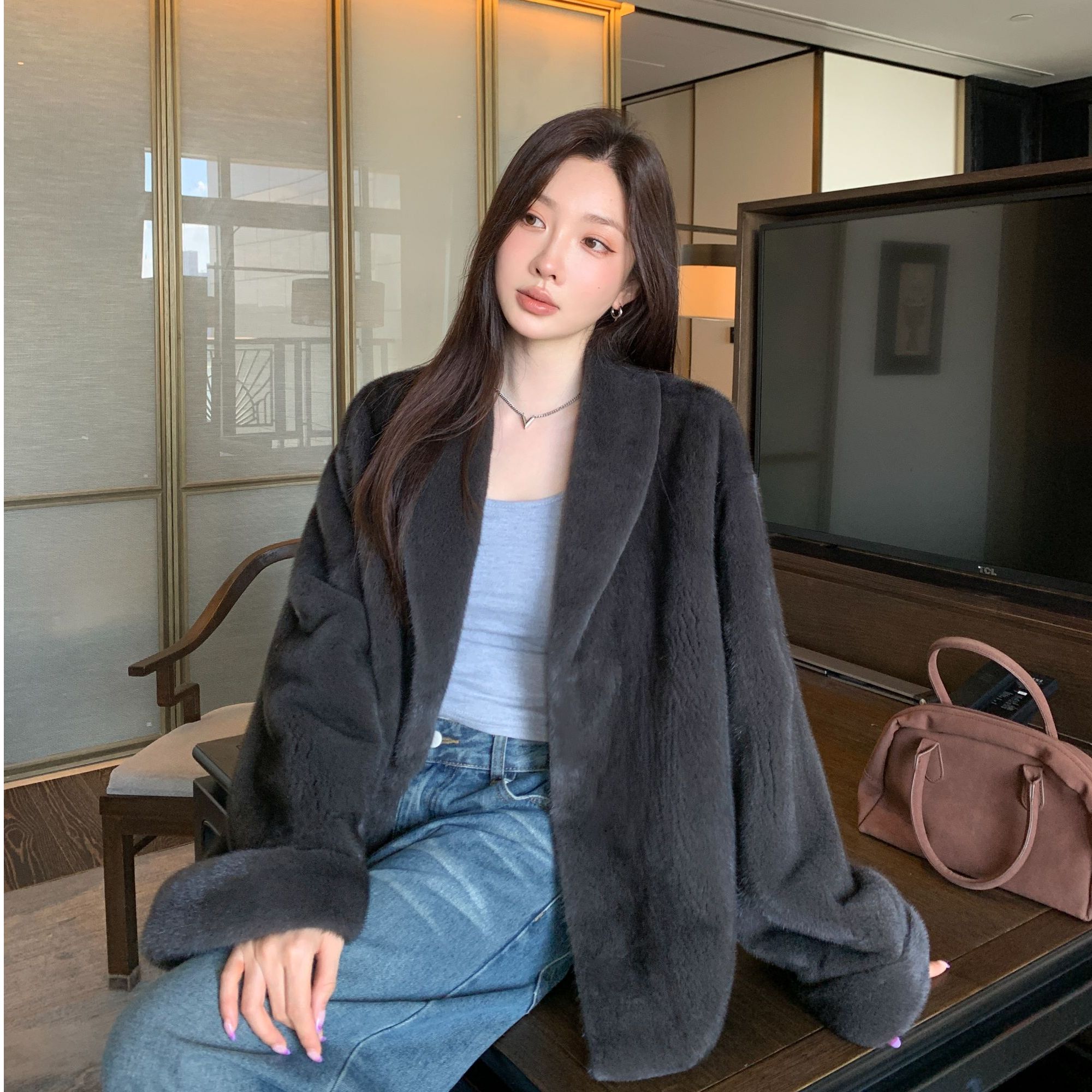 【NaNa】新款青果领挽袖进口紫标级天鹅绒貂皮女水貂皮草外套整貂