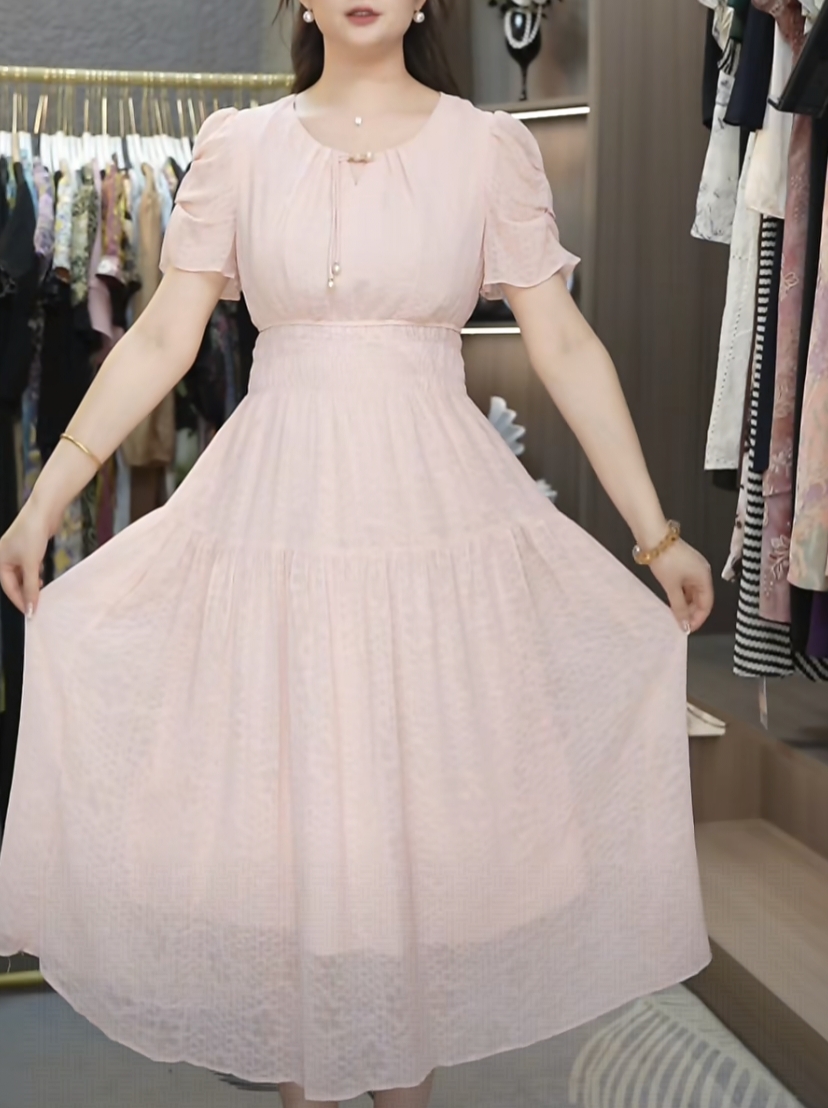 D111夏季上新气质时尚名媛风收腰显瘦洋气减龄高腰A字连衣裙