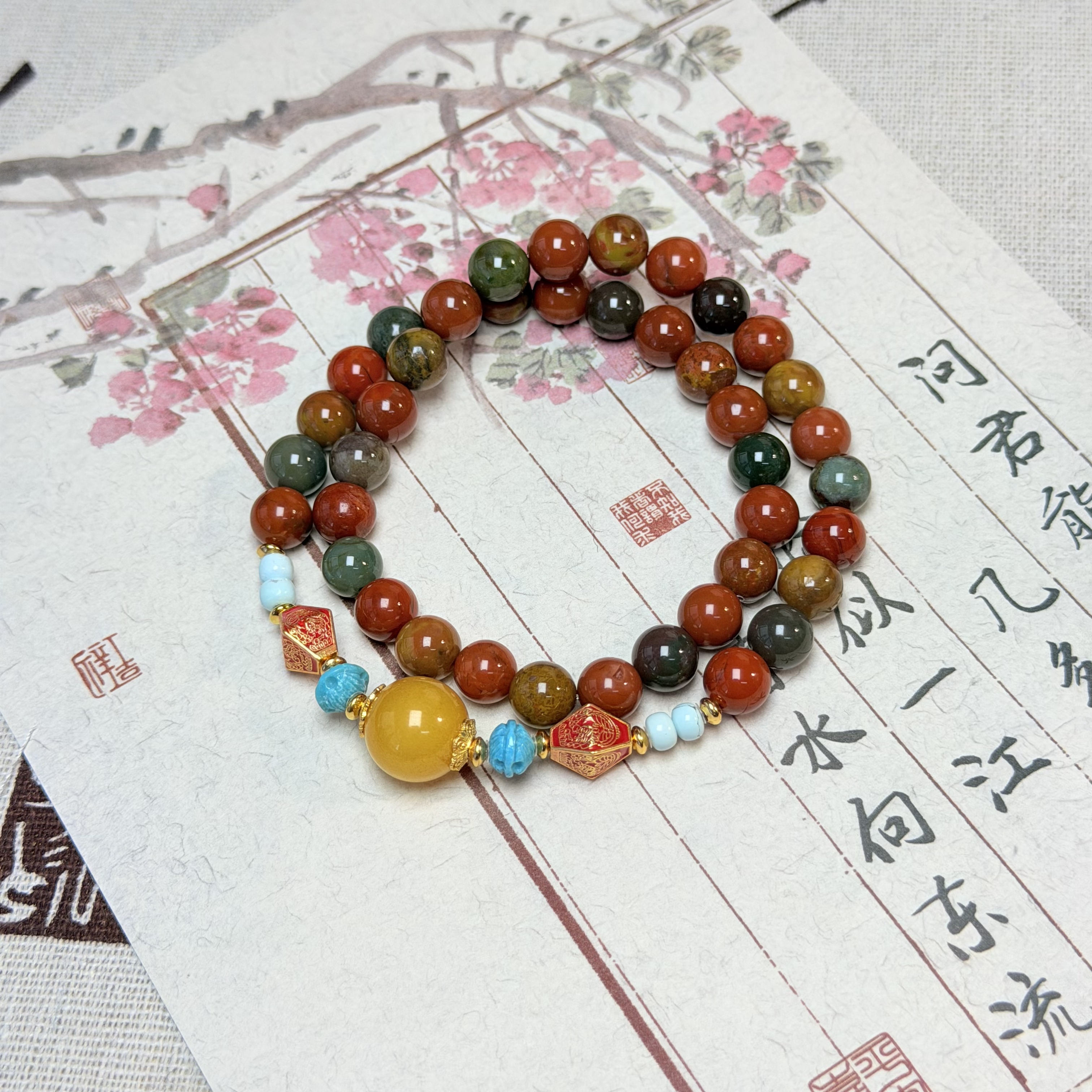 【Y】ZX204912包浆南红双圈手串diy焦皮圆珠&绿松石7-12mm+