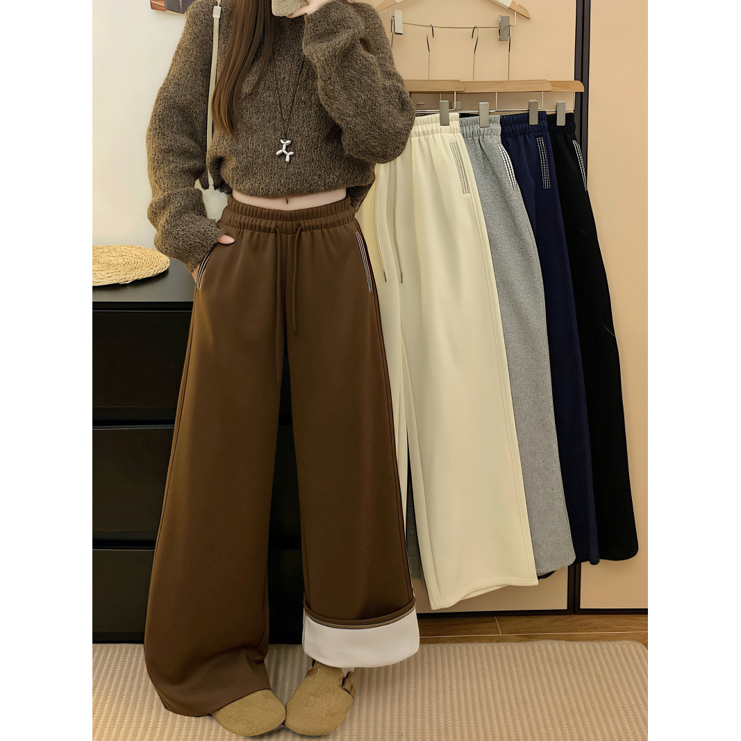 秋冬时尚新款慵懒风加绒加厚宽松显瘦百搭垂感松紧腰直筒休闲裤女