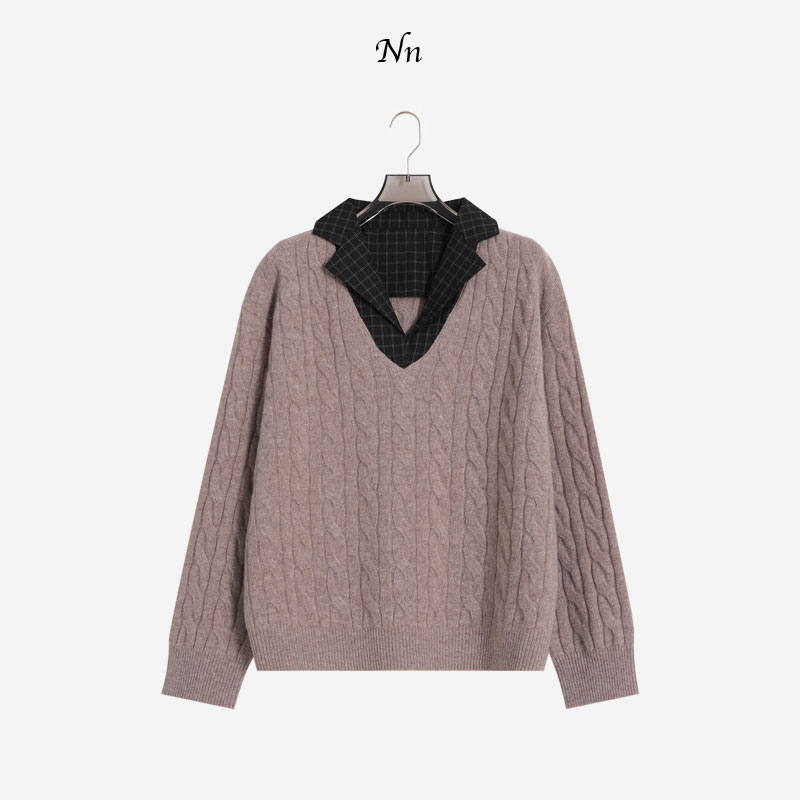 【都市假日】POIO领格子拼接娇花假两件绵羊毛针织衫 5230