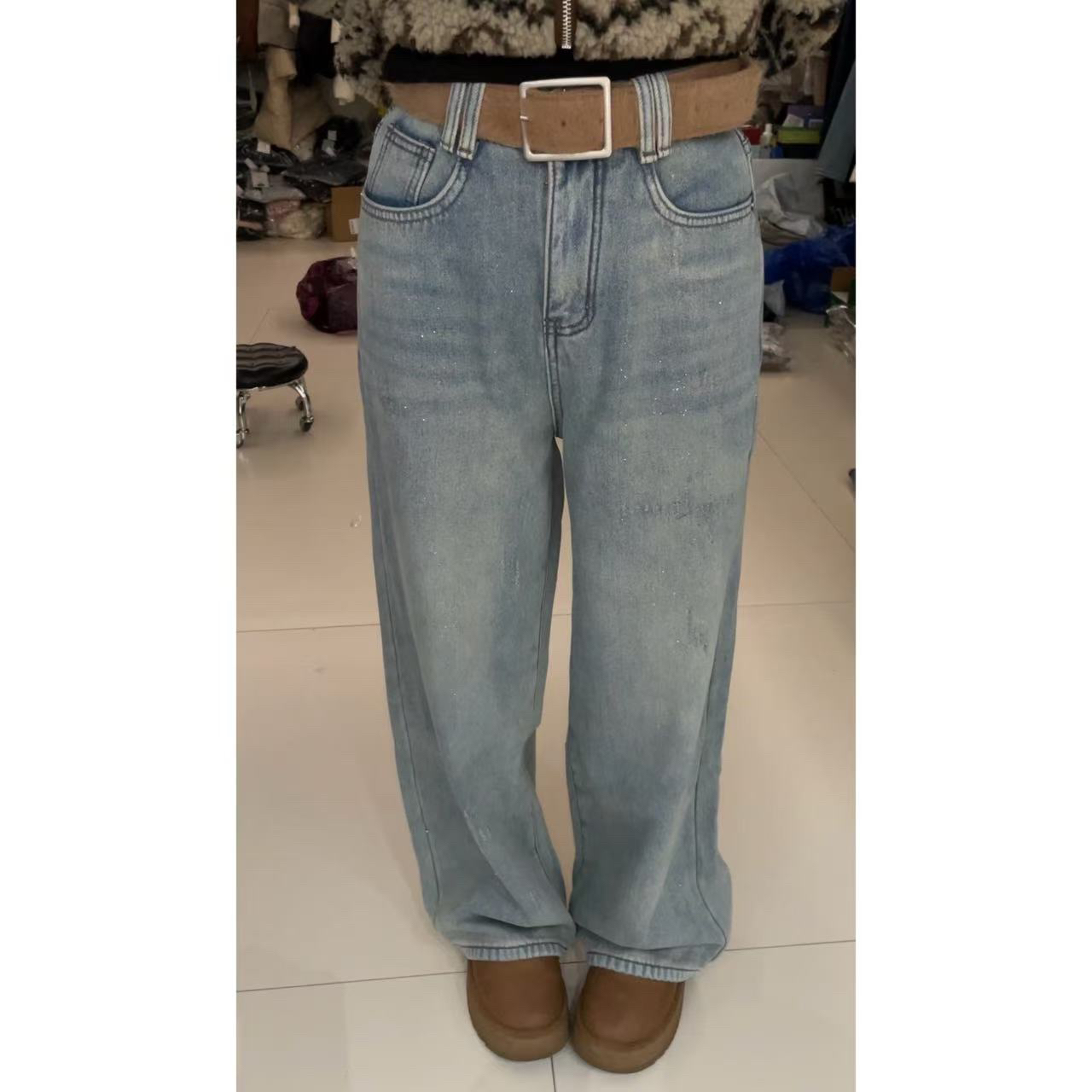 欧洲站银河系细闪新款复古直筒拖地显瘦牛仔裤【细闪会掉介意慎拍】