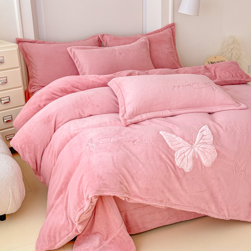 冬季新款加厚纯色简约款刺绣款双面绒牛奶绒床品套件不掉毛不褪色