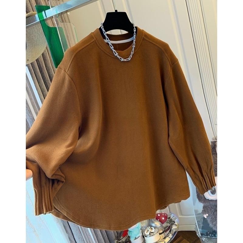 K03685设计感褶皱花苞袖圆领绒卫衣打底衫宽松套头上衣女内搭冬款