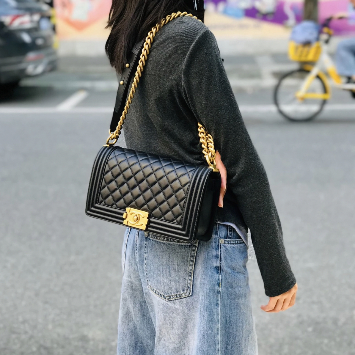 95新 Chanel/香奈儿 /黑金/Leboy/经典菱格纹/黑色/单肩斜挎包