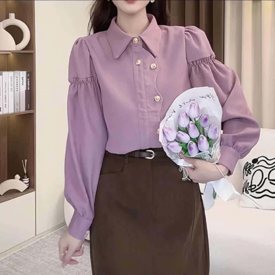 法式高级感女士衬衣秋冬2025新款翻领复古不规则磨毛衬衫长袖上衣