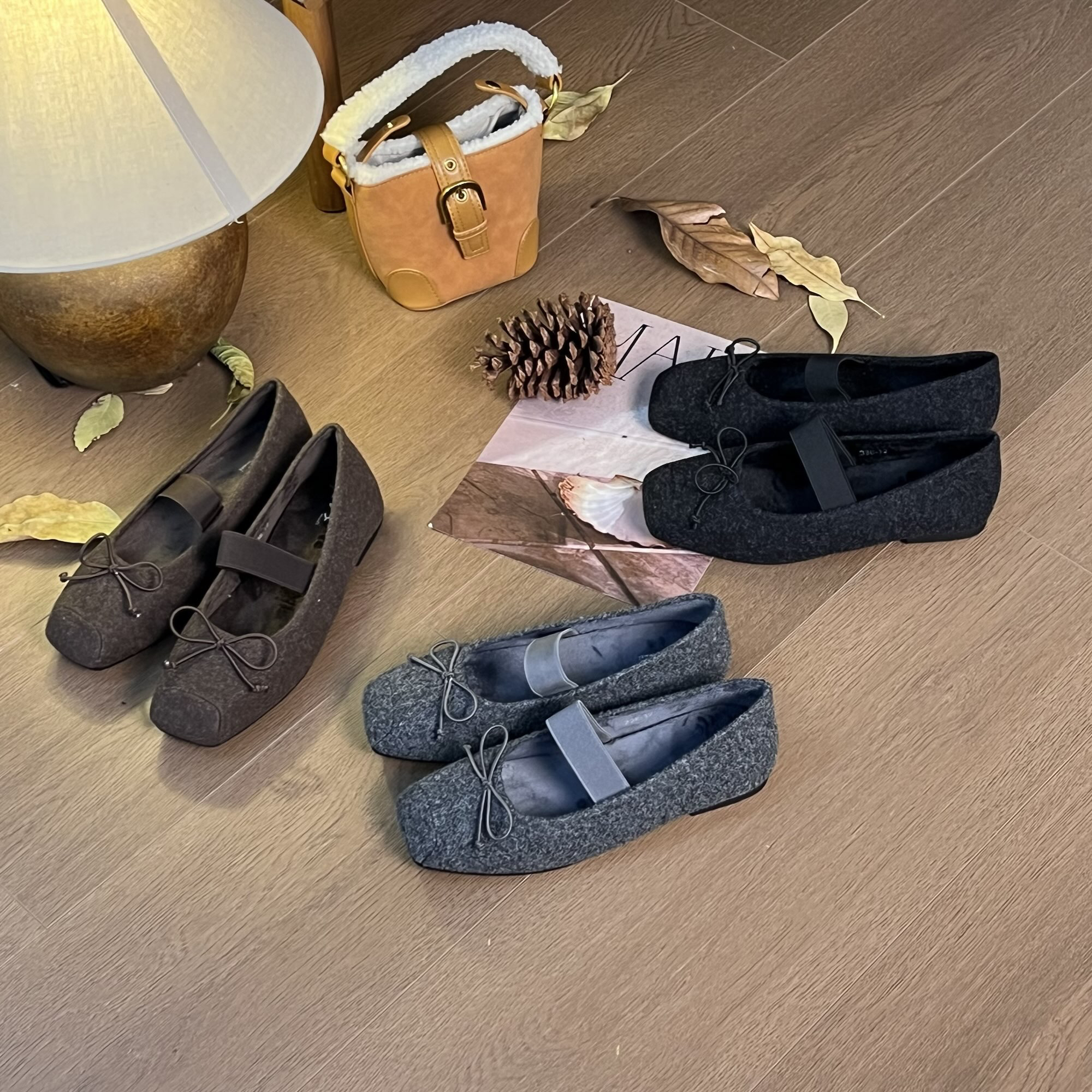 毛毛鞋加绒保暖单鞋软底芭蕾舞鞋女方头平底鞋蝴蝶结棉鞋338-12