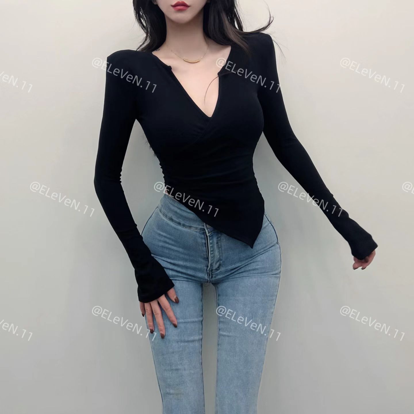 AL SHOP【软糯肌肤】韩系时尚修身百搭辣妹交叉打底上衣