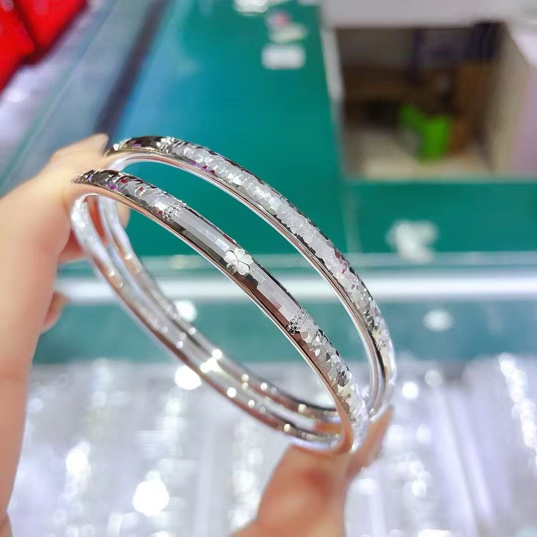 足银手镯 足银999.9新款圆条碎冰冰实心闭口爆闪纯银镯子