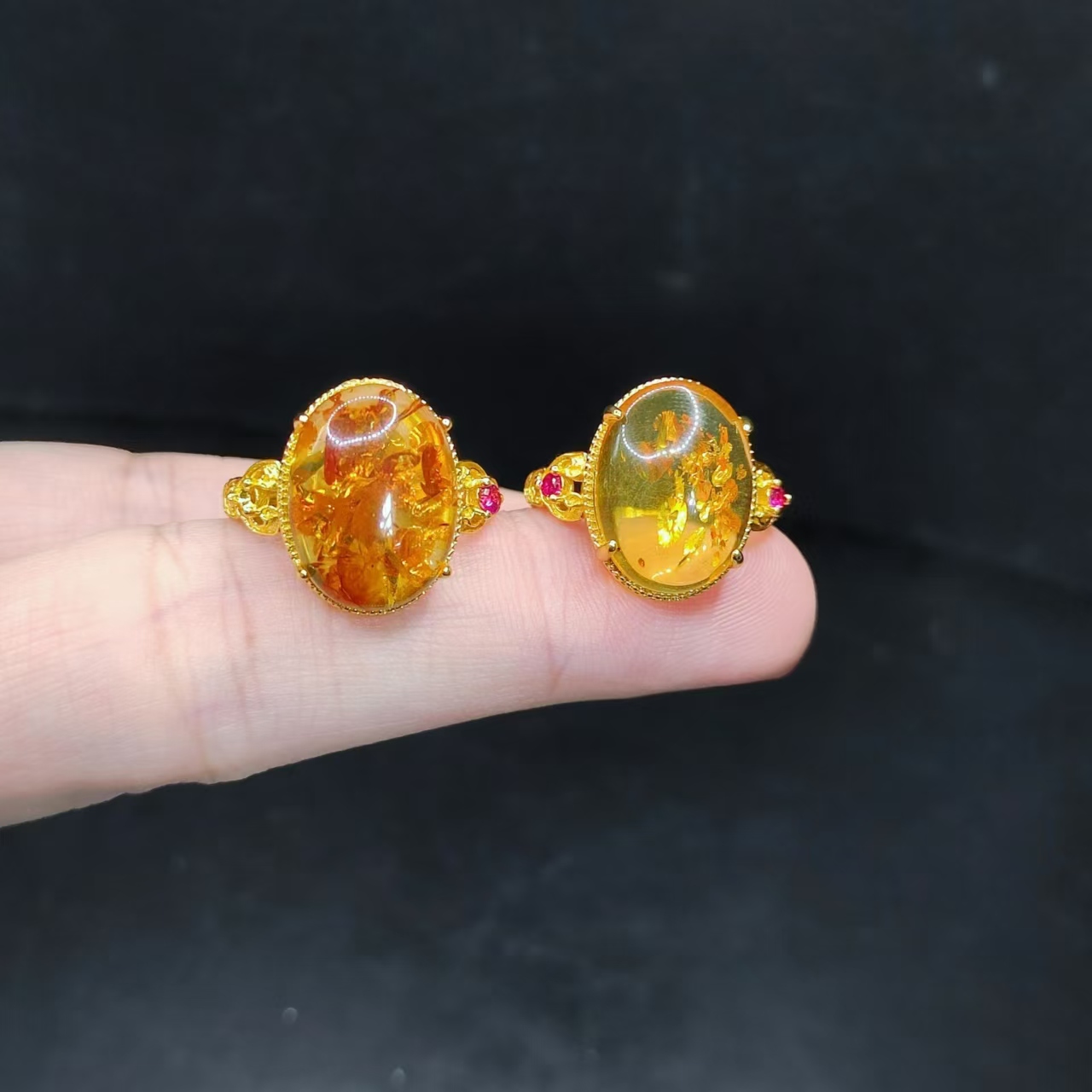 【康康严选】花珀琥珀蛋面戒指X9【多样性发其一】约15-11mm