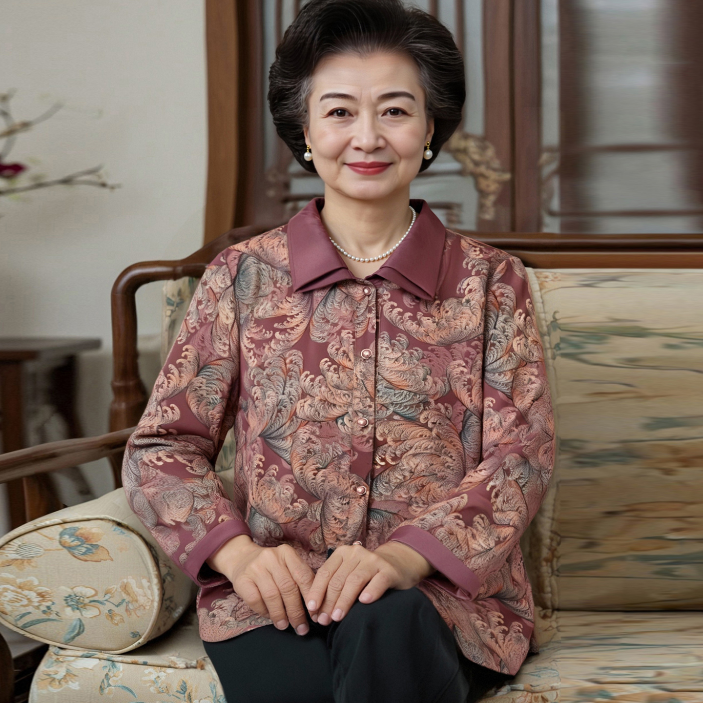 老人衣服女奶奶秋装长袖衬衫老太太翻领外套薄款中老年人妈妈上衣