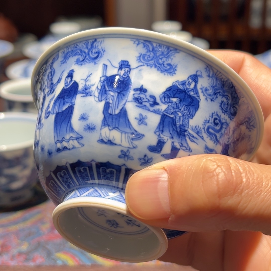 杯青花姜太公钓鱼图人物故事二才盖碗120毫升