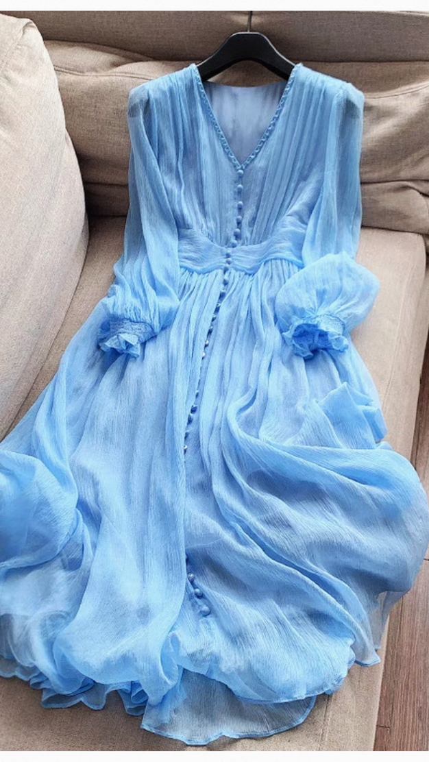 蓝色桑蚕丝连衣裙101 M码