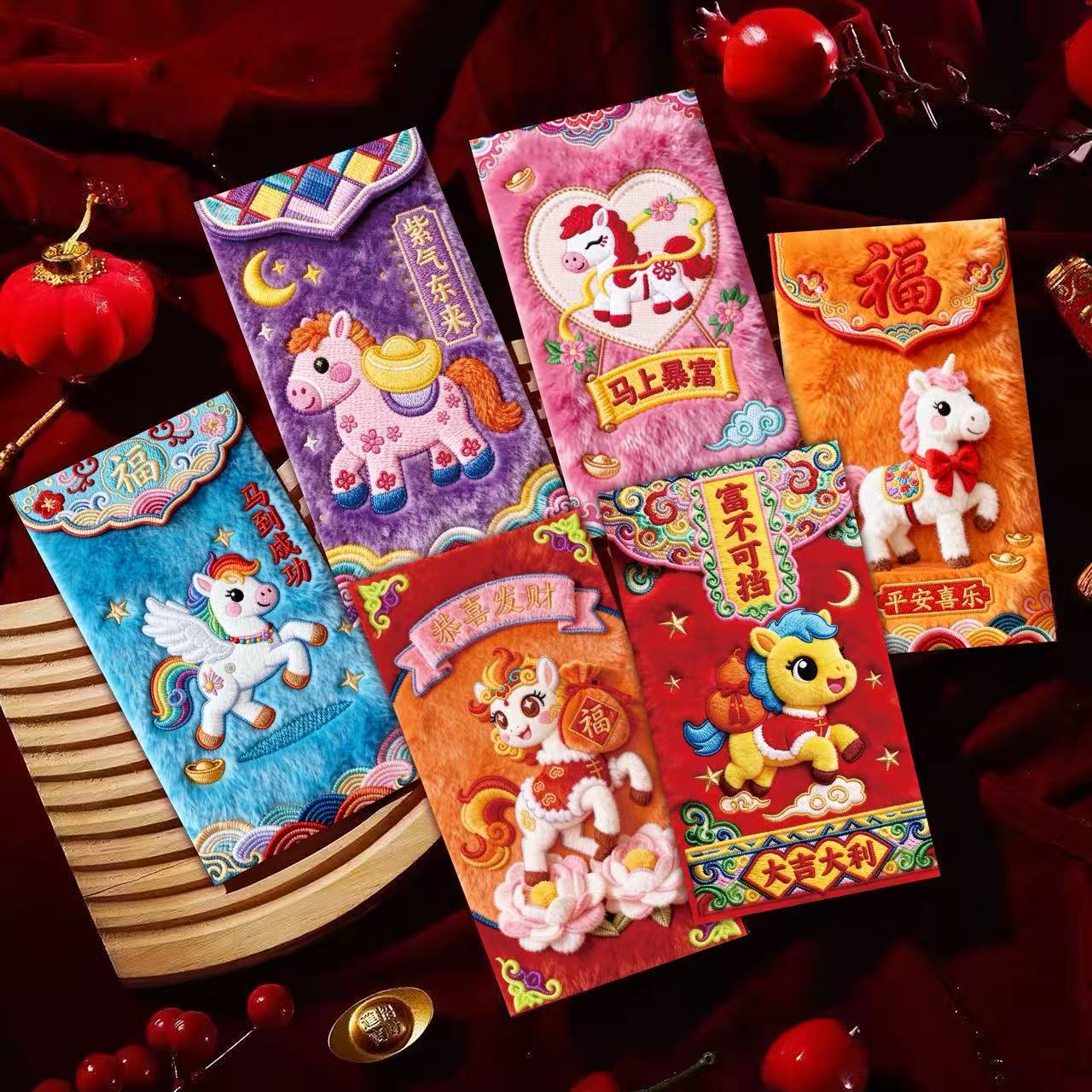 2026马年新款创意红包平面仿刺绣风格卡通版春节压岁红包利是封