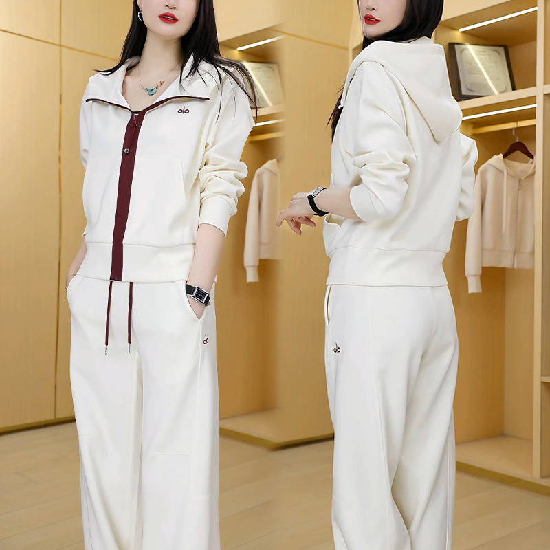 连帽时尚套装女士2025年新款韩版秋冬加绒宽松显瘦休闲撞色两件套