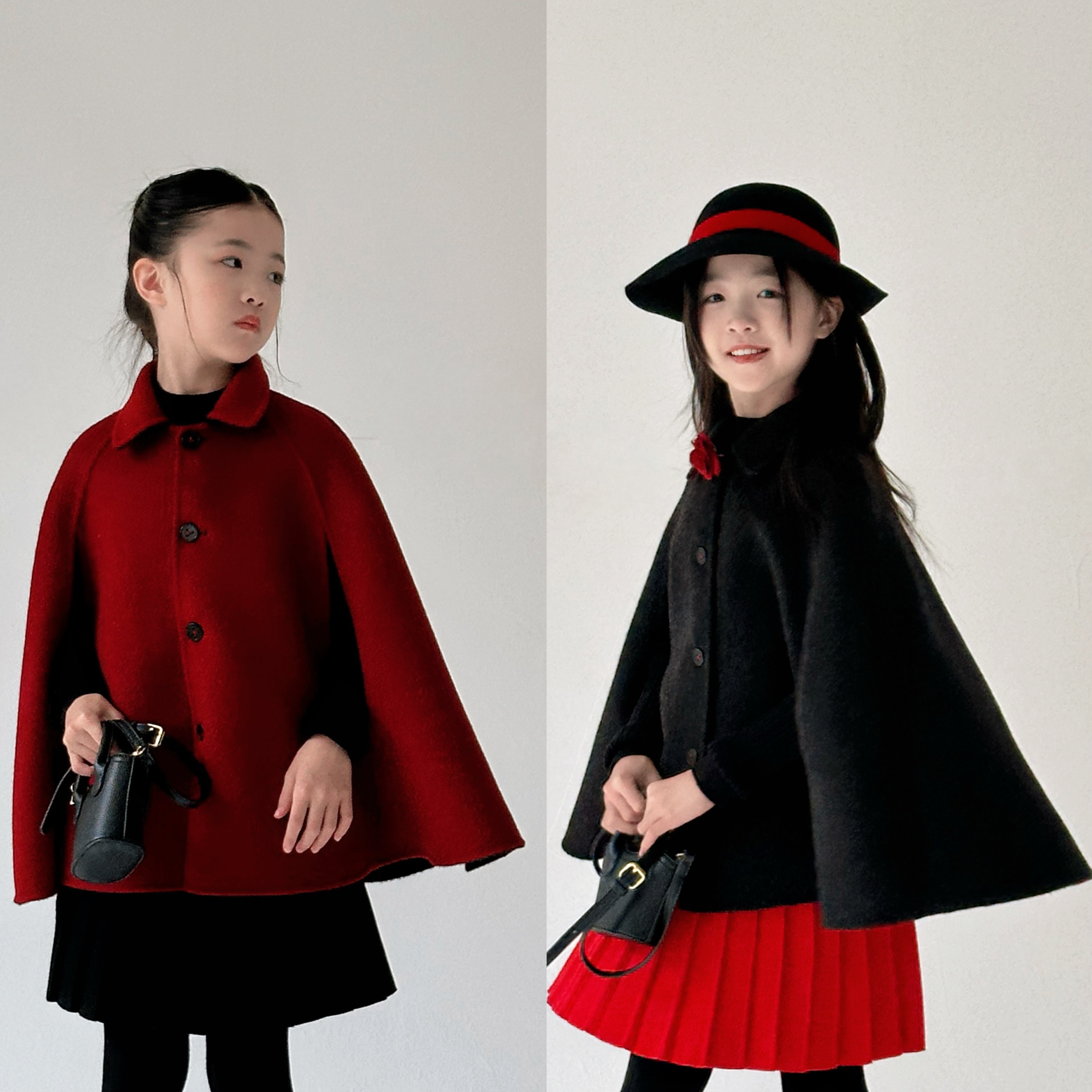 『大展红图』手缝绵羊毛双面呢重工超大用量斗篷 双面可穿 亲子