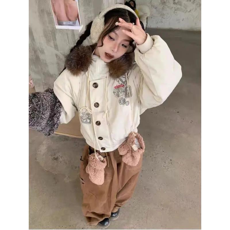 美式复古连帽毛领棉服外套女冬季设计感休闲百搭阔腿裤套装