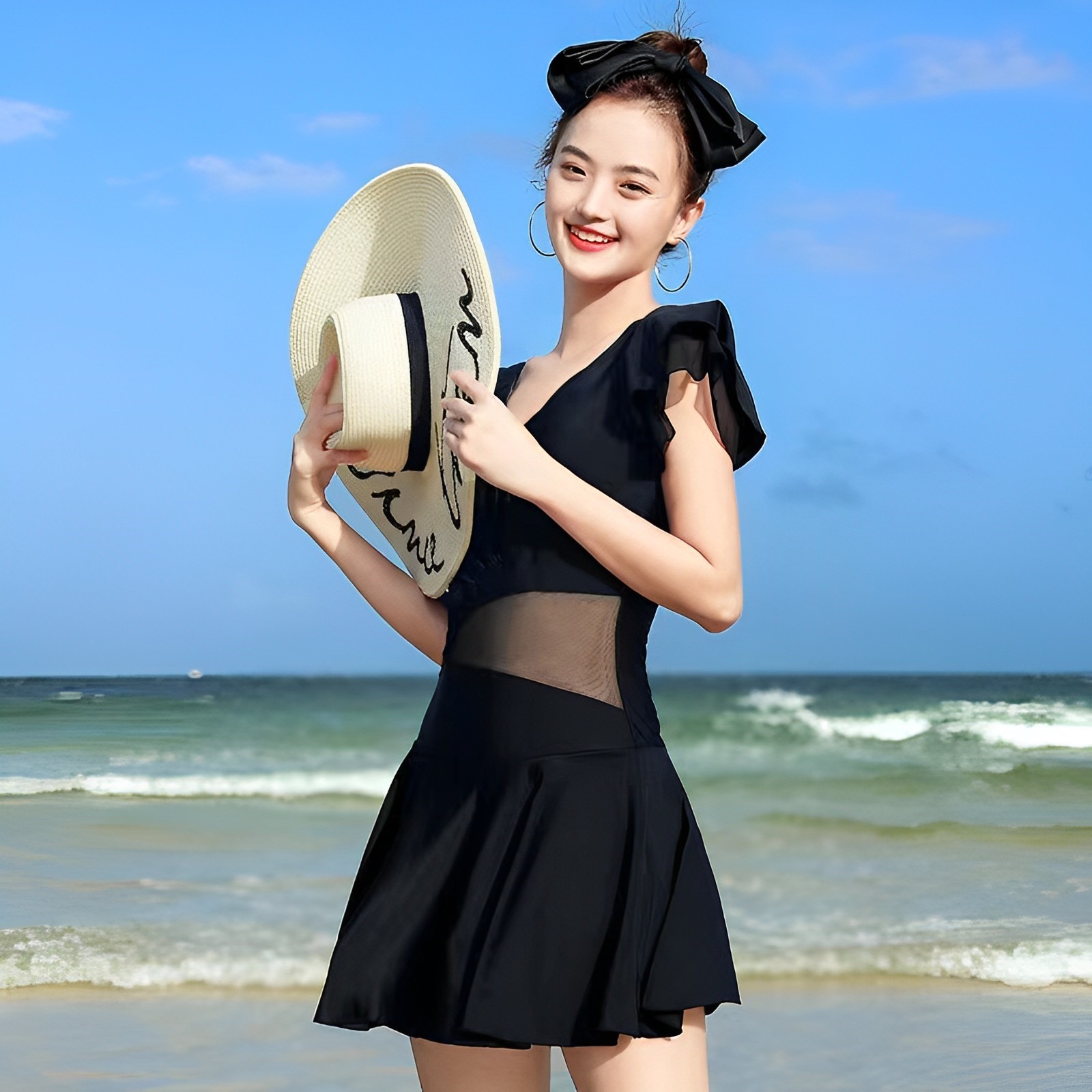 蕾丝连体泳衣【带胸垫】春夏女士泳裙式遮肚大码显瘦连体裙R864